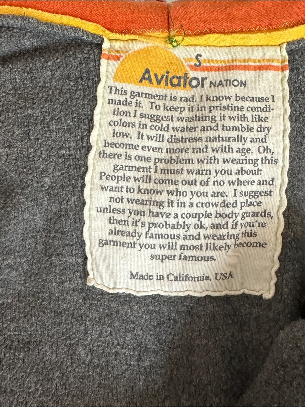 Aviator Nation Grey Zip Hoodie with Rainbow Stripe Lining and Sleeve - Picture 11 of 11